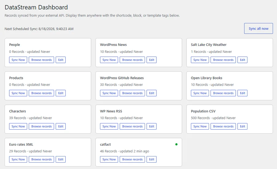 The DataStream dashboard with eleven streams side by side — weather, books, news, CSV, XML rates — each with record counts and sync buttons