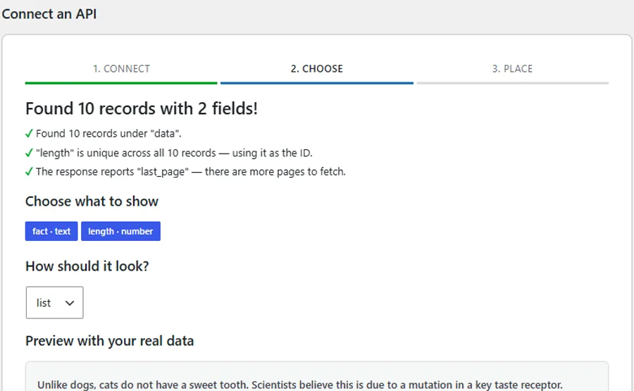 The Connect Wizard mid-detection: “Found 10 records with 2 fields”, with its evidence list, field chips, and a live preview of real data